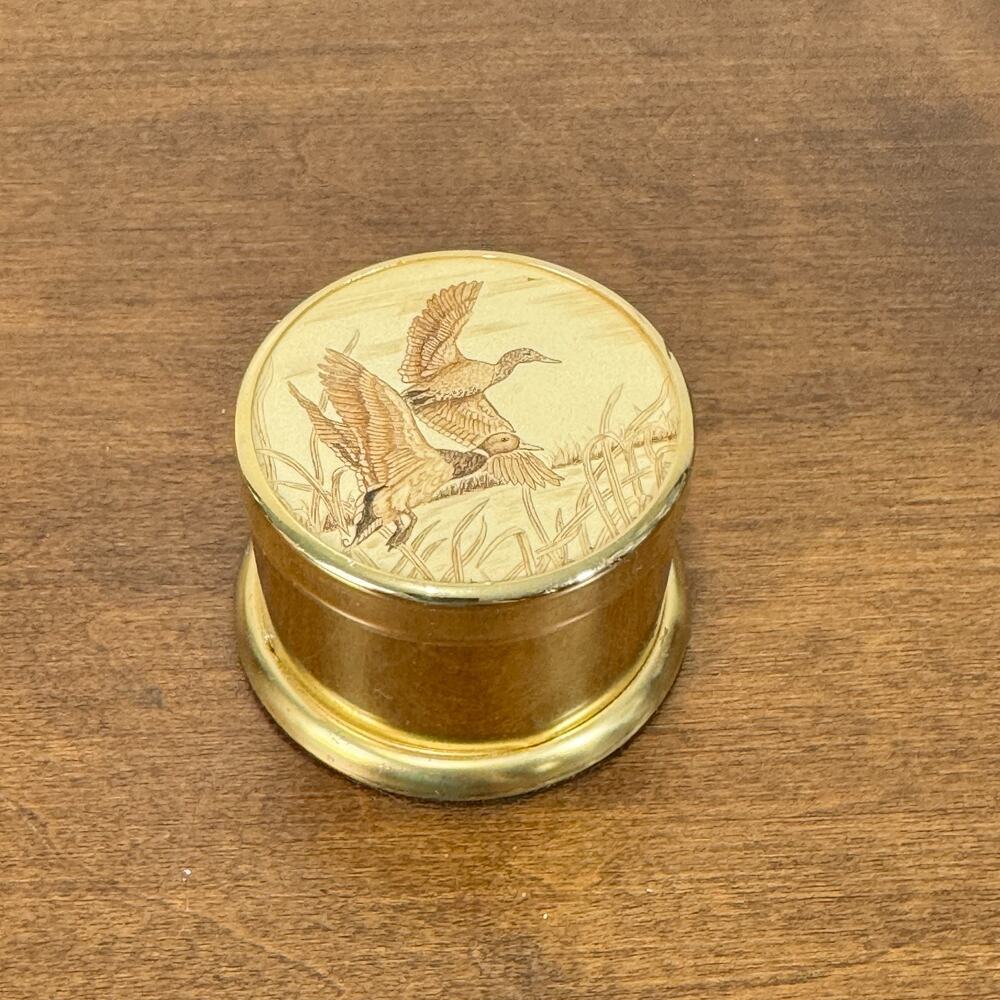 Vintage Brass Barlow Stamp Dispenser Scrimshaw Etched Ducks on the Rise USA Made